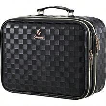 Makeup Bag With LED Lighted Mirror 12.2 IN Travel Double Layer Makeup Case Adjustable Brightness In 3 Colors Cosmetic Organizer Artist Storage With Dividers Brush Holder Vanity Black Checkerboard - BlackCheckerboard - Xem 1