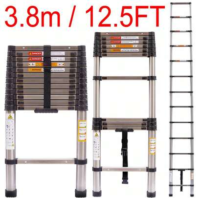 Huini Stainless Steel Telescoping Ladder - 12.5ft/3.8m Heavy Duty Collapsible Straight Ladder With Non-Slip Feet And Securing Strap - 330 Lbs Capacity - Multi-Purpose Ladders Extendable Roof Ladder - 13  Steps Ladder