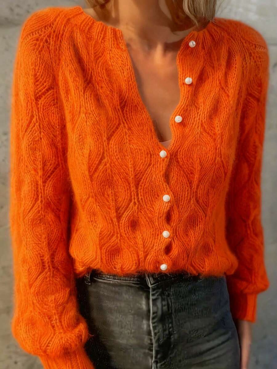 Áo khoác cardigan dài tay cổ tròn, màu xám trơn, cài cúc ngọc trai, kiểu dáng thanh lịch, phù hợp cho công sở, tiệc tùng và các dịp xã giao mùa thu | Thoải mái khi mặc - Màu Cam cháy - Xem 1