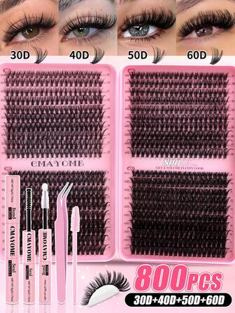 CMAYOME 800Pcs Lash Extension Kit, DIY Lash Extension Kit, 30D+40D+50D+60D (9-18mm) Individual Lashes Clusters Kit D Curl Eyelash Extension Kit With Bond And Seal And Lash Applicator Tool, Lashes Kit For Daily Use, Party, Travel, Or As A Gift For Your Family And Friends,Lash Clusters,Lash Glue,Colle Faux Cils Duo,