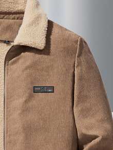Teen Boy Solid Color Thermal Lined Warm Zip-Up Jacket With Letter Patch, Winter - 卡其色 - 查看 4