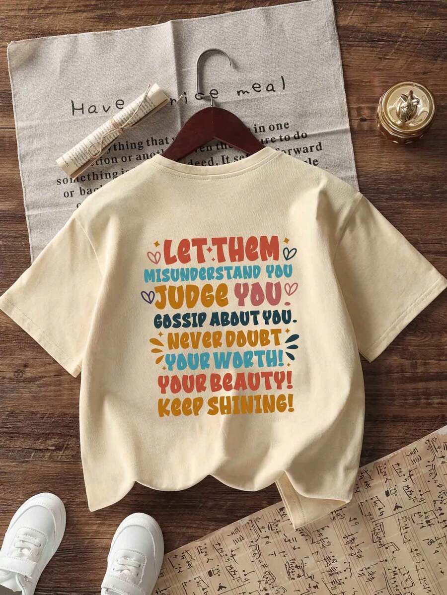 Tween Girl Casual Slogan Graphic Short Sleeve Tee For Summer - Apricot - View 1