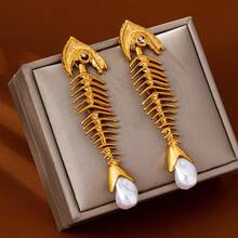 Hoa tai dài thiết kế xương cá phóng đại mới, Hoa tai mặt dây chuyền ngọc trai sáng tạo ngọt ngào và mát mẻ thời trang - Vàng - Xem 7