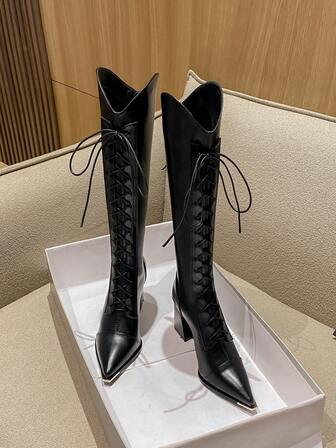 2025秋季新款黑色中跟粗跟过膝靴，百搭时尚高筒靴，优雅简约女士过膝靴