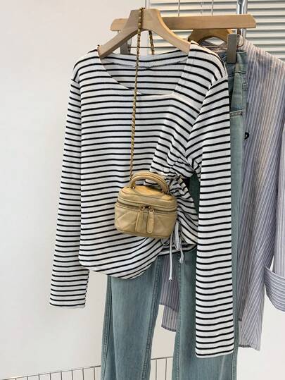 Women's Asymmetric Collar Long Sleeve Striped Knit Top With Drawstring Detail