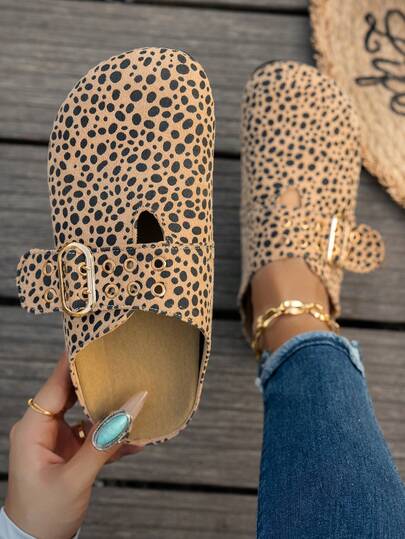 女士棕色金属扣装饰一脚蹬拖鞋，轻盈奢华时尚百搭拖鞋，适合走秀、派对、休闲、户外、度假，深受网红推荐，复古软木平底鞋，简约欧式和法式设计