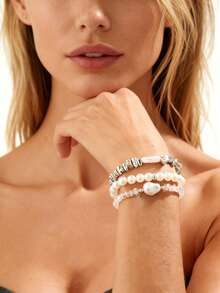 3pcs Women's Fashion Asymmetrical Crystal Beaded Baroque Faux Pearl Bracelet Jewelry, Suitable For Daily Wear Accessories