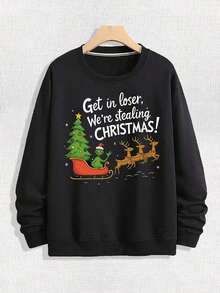 Men's Street Loose Round Neck Hoodie, Featuring A Green Haired Monster Riding A Sled, Reindeer Pulling A Sled With A Christmas Tree Pattern, Printed With The Words "Get In Loss, We're Cooking CHRISTMAS!", Christmas Elements, Fun And Casual Style, Soft And Casual Long Sleeved Pullover For Spring And Autumn, Machine Washable Outdoor Sports Top,Fall Hoodies,Men's Fall Clothes,Street Wear,Halloween,Mens Hoodies,Y2k Clothes,Jesus Hoodie,Thanksgiving Day,Nightmare Before Christmas,Christmas - 黑色 - 查看 1