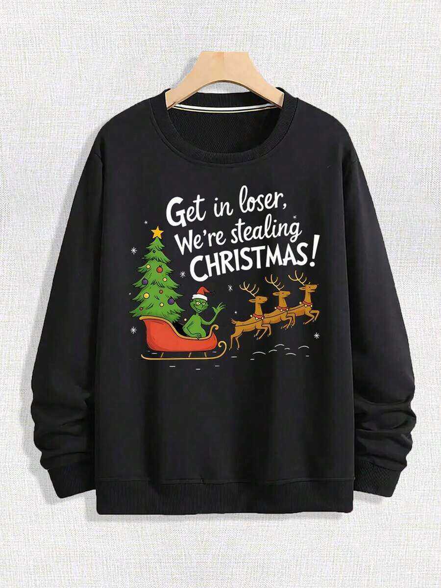 Men's Street Loose Round Neck Hoodie, Featuring A Green Haired Monster Riding A Sled, Reindeer Pulling A Sled With A Christmas Tree Pattern, Printed With The Words "Get In Loss, We're Cooking CHRISTMAS!", Christmas Elements, Fun And Casual Style, Soft And Casual Long Sleeved Pullover For Spring And Autumn, Machine Washable Outdoor Sports Top,Fall Hoodies,Men's Fall Clothes,Street Wear,Halloween,Mens Hoodies,Y2k Clothes,Jesus Hoodie,Thanksgiving Day,Nightmare Before Christmas,Christmas - Black - View 1