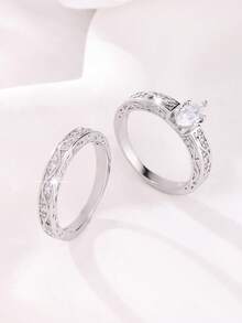 2 piezas Juego de anillos de moda de lujo para mujer, incrustados con circonita cúbica blanca sintética brillante, diseño multielemental, joyería fina para bodas y compromisos de mujer, accesorios elegantes para fiestas y bodas, regalo romántico