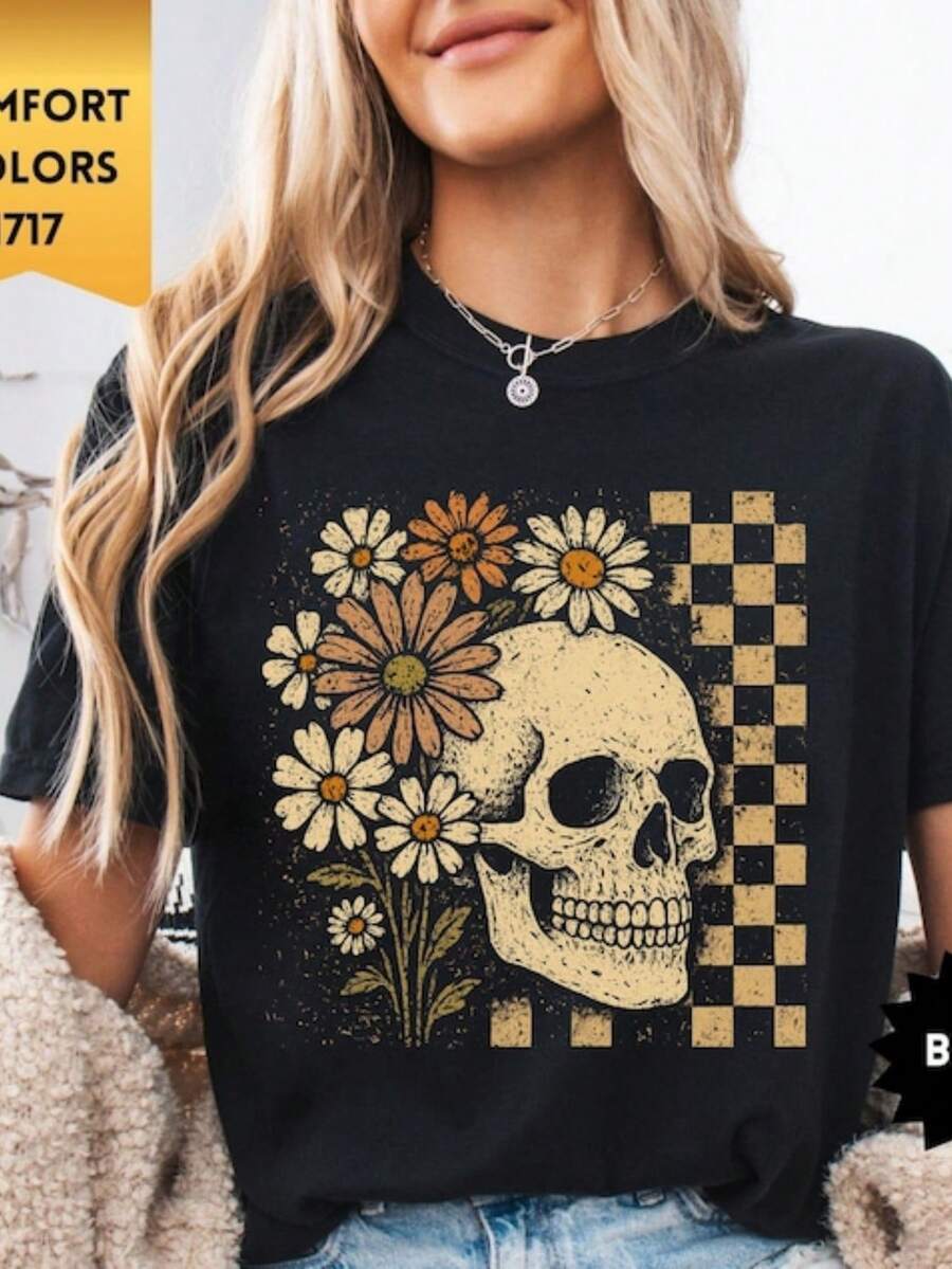 Floral Skeleton Shirt, Skeleton Halloween Shirt, Halloween Skull Shirt, Spooky Seaso - 黑色 - 查看 1