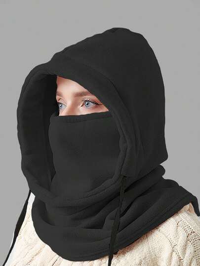 Women's Winter Warm Hat With Fleece-Lined Hood, Elastic Drawstring Design For Good Sealing, Lightweight & Warm, Suitable For Cycling, Skiing And Outdoor Sports. Solid Color Hood With Fleece Ear Muffs. Unisex, Multiple Colors Available, Ideal Christmas, Valentine's Day And New Year Gift.