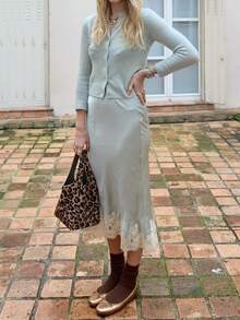 Lace Satin Maxi Skirts For Women Casual Elegant Fall A Line Elastic Waist High Rise Silk Midi Skirt With Lace Patchwork Y2k Aesthetic Going Out Skirt Party Club Streetwear - 藍色 - 查看 4