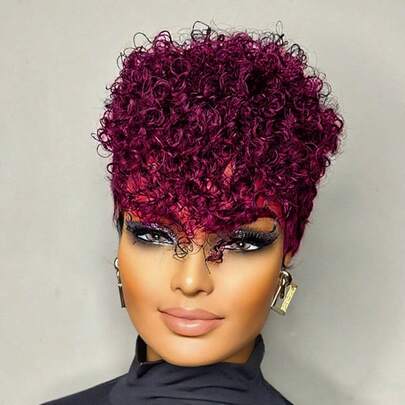 Kurze krause Echthaar-Perücke, brasilianisches Remy-Haar-Perücke für Frauen, kurze lockige Welle 6 Zoll, 150% Dichte, geeignet für alle Menschen, maschinell hergestellte Perücke für Frauen, Farbe 1B und 99J