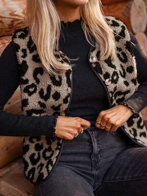 Damen Leoparden-Muster Fleece Knopfverschluss Ärmellose Lässig Jacke