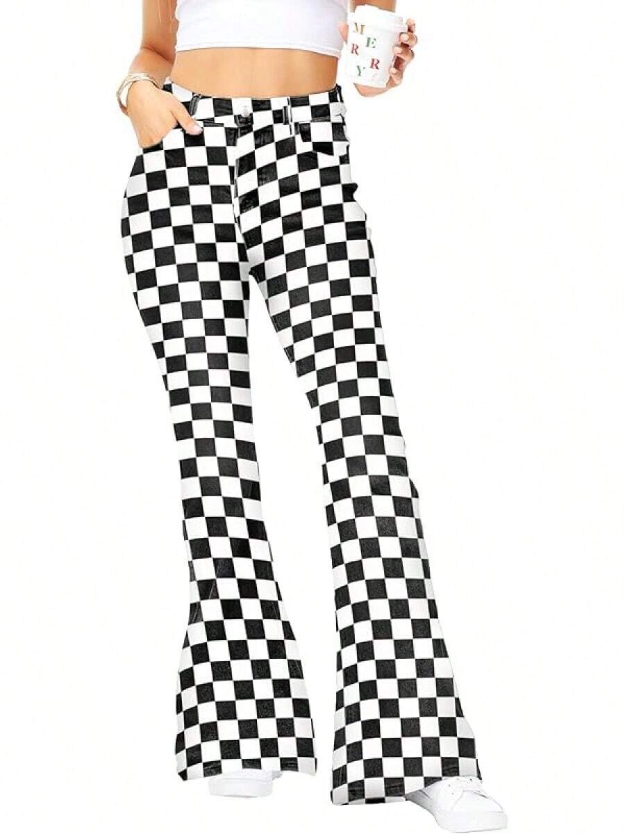 Womens High Waisted Plaid Bell Bottom Jeans Stretch Checkered Flare Denim Panthalloween - 黑色格子 - 查看 1