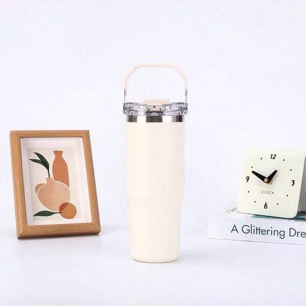 1pc 900ml/33.44oz Vacuum Insulated Water Bottle, Thermal Flask With Handle And Straw, Large Capacity For Sports, Outdoor, Fitness, Travel