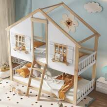 Bunk Bed, Children's Bed, Beautiful Windows And Roof, Stable Slatted Frames, Side Safety Rails, Pine + MDF + Plywood, White + Natural,