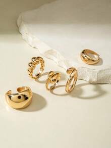 Set de 5 anillos de joyería minimalista y elegante de aleación con acabado liso y geométrico abierto, adecuado para uso diario, casual, fiesta y como regalo