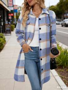 Women's Autumn/Winter Long Sleeve Casual Plaid Thermal Lining Pocket Shirt, Long Sleeve Tops Fall Cloth For Women - Blue and White - View 5