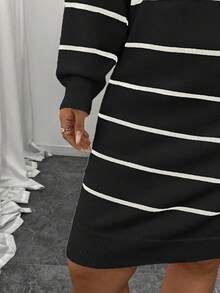 Vestido casual de mujer talla grande con bloques de color y rayas acanaladas en negro - Negro - Ver 8