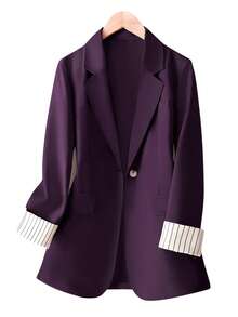 Women's Sleeve Stripe Patchwork Single-Button Regular Blazer - Purple - View 3