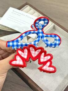 Pink Plaid Pattern Heart Bow Hair Claw Clip, Hair Accessory For Women, Suitable As Birthday Or Valentine's Day Gift Elegant Hair Clips Winter Hair Clutch Women Hair Accessories - Multicolor - View 5