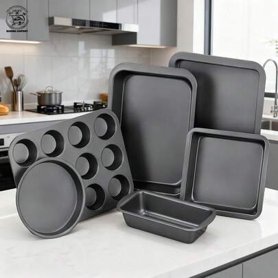 LOLLICY Baking Pans Sets, Nonstick Bakeware Sets 6-Piece With Round/Square Cake Pan, Loaf Pan, Muffin Pan, Cookie Sheet, Roast Pan, Cooling Rack, Carbon Steel Bake Set