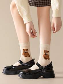 2/5 Pairs Women's Multicolor Combination Socks, Double Flocked Bear & Striped Patchwork, Breathable Knit Fabric, Spring/Summer Couple Style, Casual Versatile, Sweet Cute Sailor Socks, Suitable For Home, Commute, Date, School, Holiday Gift - Multicolor - View 4