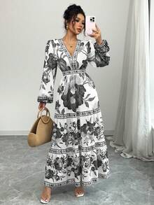 Women's Long Dress With A Floral Print, A-Line Cut, Fitted At The Waist, And Puff Sleeves. This Dress Is Elegant And Romantic, Perfect For Dates, Vacations, Holidays, And Other Occasions. - 黑色 - 查看 4