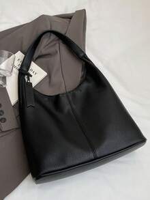 复古荔枝纹大容量休闲单肩托特包，拼接纯色女手提包，优雅百搭通勤托特包 - 黑色 - 查看 7