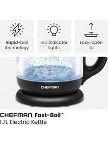 Chefman | Tetera con Jarra de Cristal | Hervidor Eléctrico de 1.Litros | Base de 360 Grados | Luz Led - 1,7 litros - Ver 8