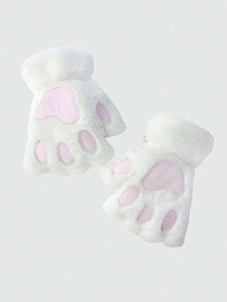 Kawaii 1pair Plush Half Finger Cat Paw Gloves