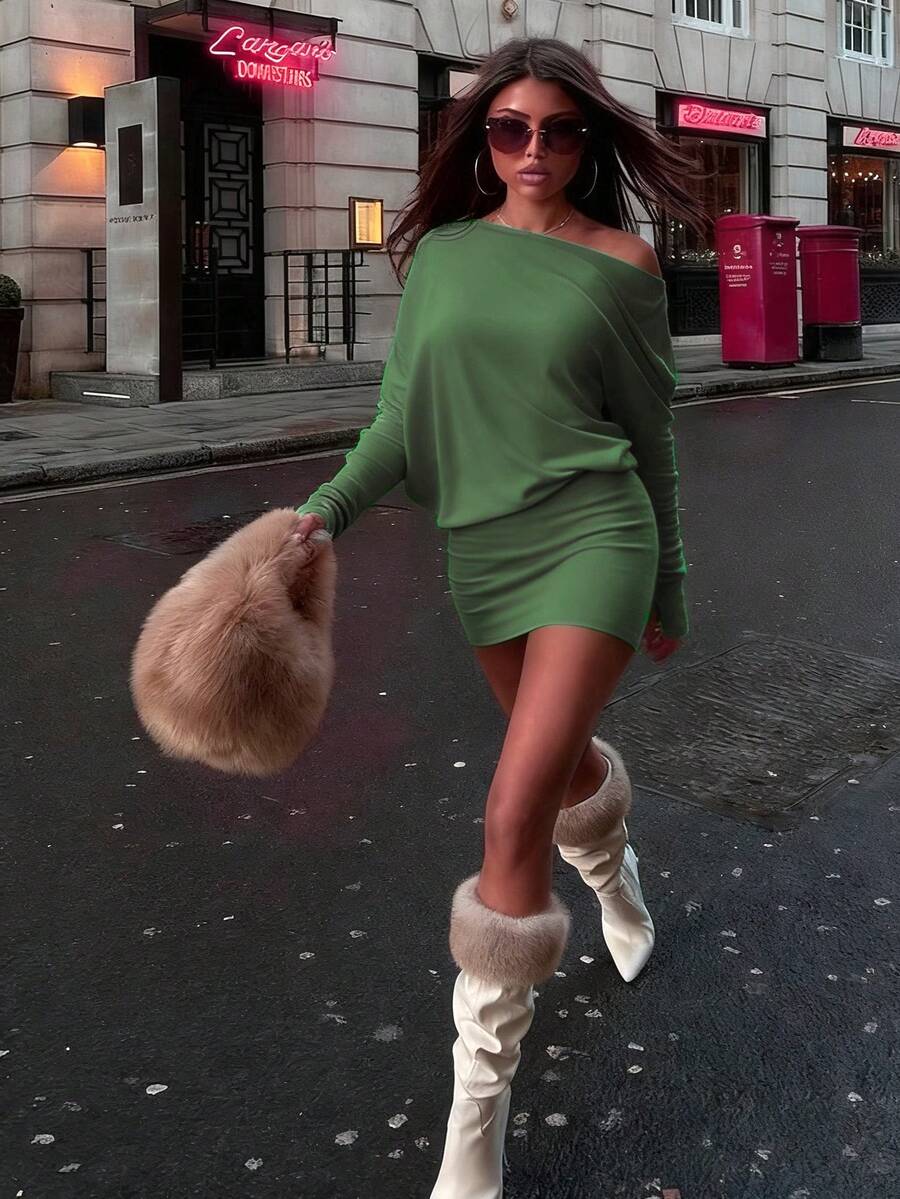 女士度假装扮、Y2K风格服装、斜领、露肩、长袖、假两件套、修身包臀连衣裙、轻薄连衣裙、时尚、派对连衣裙、女士春夏装扮、超薄连衣裙