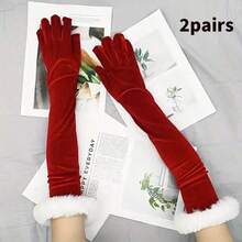 1 副女士手套，白色毛绒袖口，及肘长指手套，婚礼手套，派对手套，圣诞老人派对服装 - 紅色 - 查看 9
