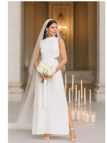 Women's Long Tailored Dress, High Neck, Side Slit, Side Opening Detail, Comfortable, With Pockets, Elegant - 象牙白色 - 查看 4