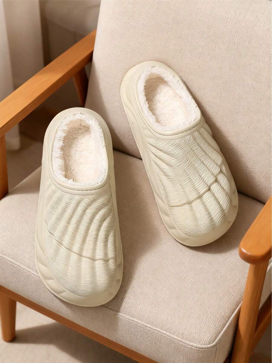 1 Pair Unisex Slip-On Slippers With Thermal Lined, Solid Color & Striped Pattern, Comfortable Indoor Home Slippers, Size 36-45