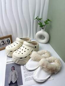 Solid Color Warm Indoor Slippers, Fluffy Warm Lining Thick Non-Slip Sole, Comfortable Plush Shoes For Winter, High Heel Sandals - Khaki - View 11
