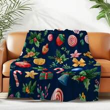 Merry Christmas Throw Blanket - Soft Warm Cozy Flannel All-Season Couch Bed Blanket With Festive Dark Blue Holiday Print (Candy Canes, Holly, Snowflakes, Pine Cones, Ornaments) - Machine Washable For Home, Travel, Camping, Office - Perfect Christmas Gift, Christmas Blankets, Christmas Decor-280gsm