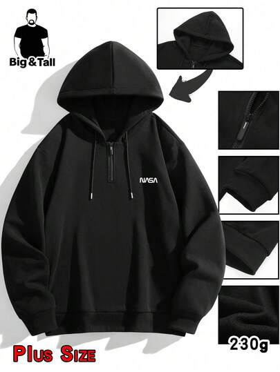 Autumn And Winter Hooded Semi Cardigan Sweatshirt With Fashionable Letter Print And Plush Warm Jacket, Large Pocket Casual Sportswear Cardigan Clothes