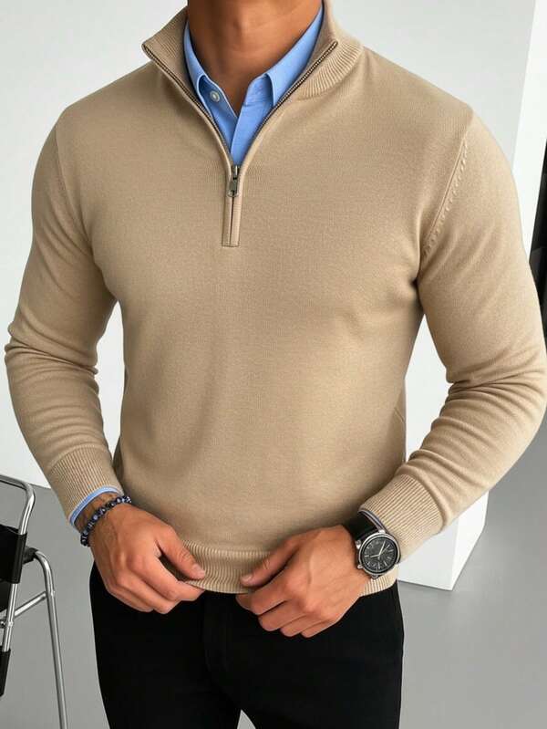 Pulover casual pentru bărbați, cu mânecă lungă și fermoar pe jumătate, versatil pentru purtare zilnică
