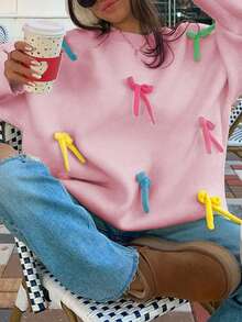 彩色蝴蝶结3D装饰宽松落肩圆领长袖针织套头衫，休闲可爱，适合秋冬季节穿着，时尚百搭，适合情人节/圣诞节粉色假期 - 粉色 - 查看 8