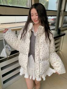 Winter Women Casual Loose Puffer Jacket Long Sleeve Floral Printed Stand Collar Short Pockets Padded Coat Korean Fashion Party Coats Christmas Outerwear Female Clothes Birthday Outfits