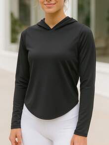 Women's Hooded T-Shirt, Breathable & Comfortable, Suitable For Gym, Running, Yoga, Training, Travel And Daily Wear, Multi-Scenario Sporty Style To Showcase Healthy Vitality And Confidence - Black - View 2