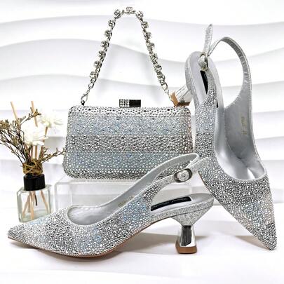 Conjunto de Sapatos e Bolsa Femininos, Salto Alto Peep Toe Feminino com Ponta Fina Feito de Strass de Alta Temperatura Premium, Bloco de Cores Listrado, Bolsa de Corrente de Strass Multicolorida