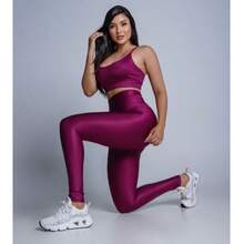 Premium Suplex Fitness Set With Pants And Non-Transparent Cup Top, Fitness Gym Clothing Kit, High Compression Leggings - 全紫色 - 查看 2