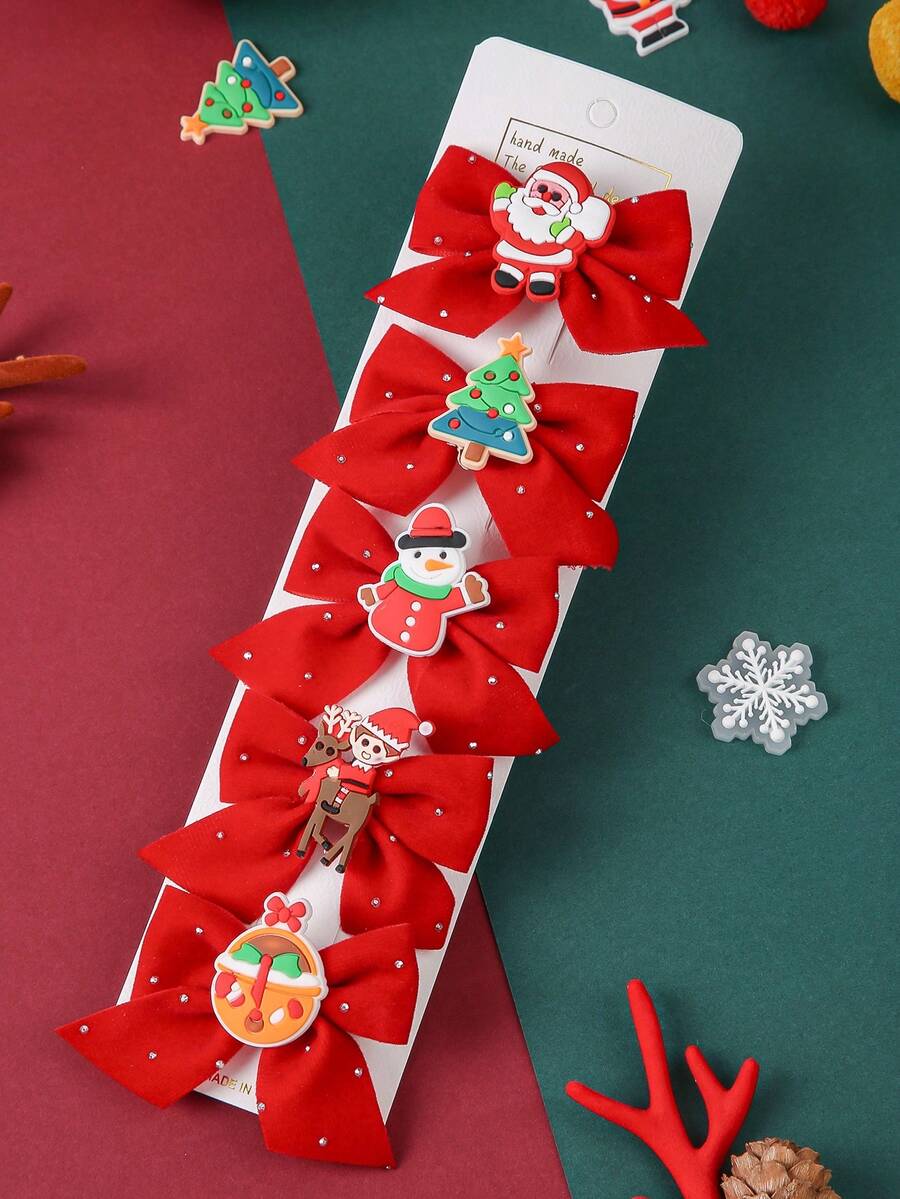 5pcs/Set Girls' Cartoon Santa Claus, Christmas Tree, Bow Hair Clips, Bowknot Side Clips, Hairpins For Teens