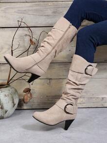 Giày bốt thêu đa năng thời trang mới Thu/Đông 2024, bốt Chelsea, bốt cao đến đầu gối, giày cao gót Kitty - Màu be - Xem 3