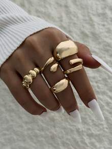 Set de 5 anillos de joyería minimalista y elegante de aleación con acabado liso y geométrico abierto, adecuado para uso diario, casual, fiesta y como regalo