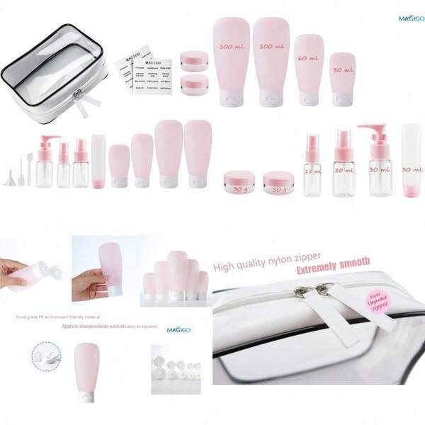 Pink Toiletries Leak Proof Travel Bottle Set 16 Pack TSA Approved Airline CarryOn With Clear Bags For Women